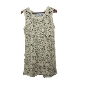 Midnight Blues Vintage Crochet Mini Dress Sleeveless Floral Women's L Beige